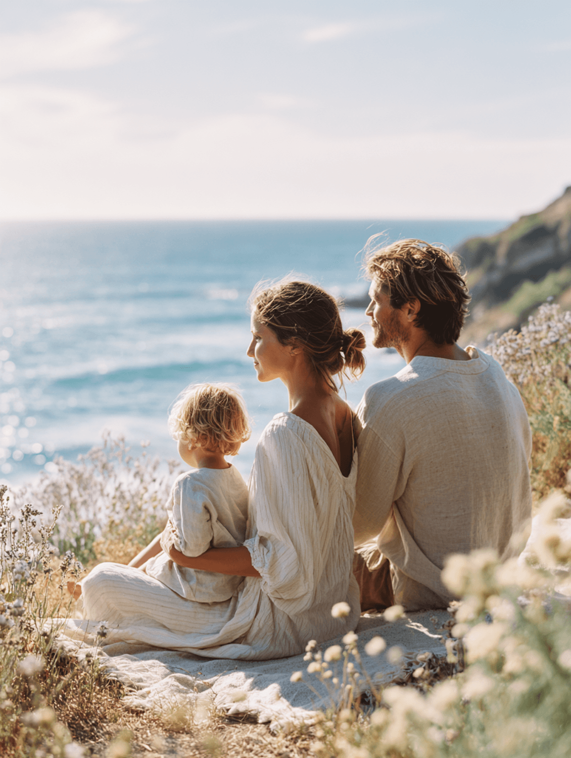 Family sitting together on a clifftop overlooking the sea