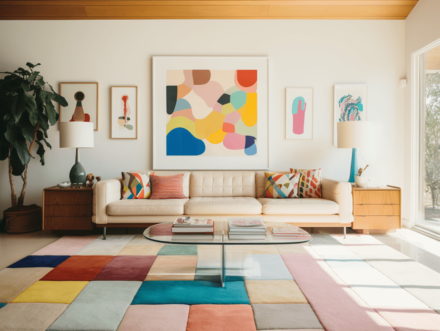 Bright living room with colourful abstract art above a cream sofa